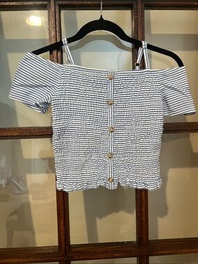 abercrombie kids Blue & White Striped Smocked Off-Shoulder Crop Top